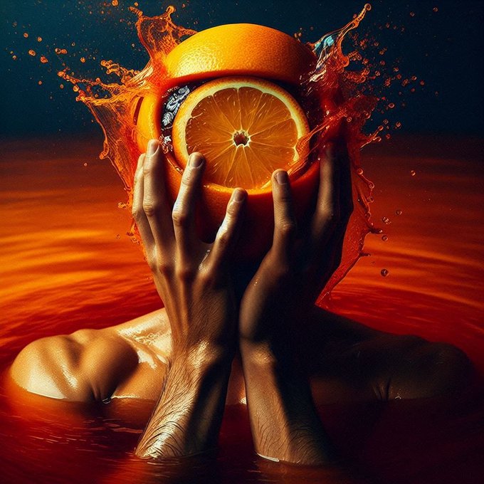 A surrealist image of two hands submerged in orange liquid, holding a sliced orange with juice splashing dramatically.