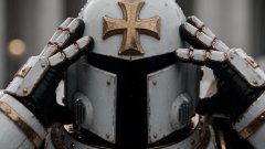 A close-up view of a character in white and grey armor with gold trim, featuring a prominent gold cross on the helmet's forehead, with armored hands raised to the sides of the helmet.