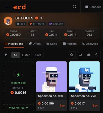 The image shows the "BITFOOTS" collection page on Ord, featuring pixel-art foot NFT inscriptions, with a listed specimen priced at 0.00159 BTC ($138), aligning with the post highlighting Bitfoots Zec at $160 and $140 price listings visible on the page.