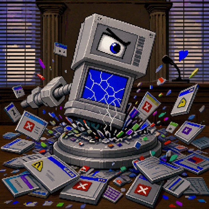 Pixel art illustration of an angry computer monitor wielding a hammer, smashing floppy disks in what appears to be a courtroom setting, with broken disk pieces scattered around its podium.