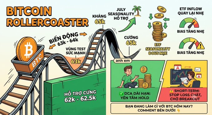 The image is a colorful infographic titled "BITCOIN ROLLERCOASTER" depicting BTC's price movements with key levels marked: support at 62k-62.5k, current volatility at 63k-64k, resistance at 65k, and a "TEST SỨC MẠNH" (strength test) zone. It includes Vietnamese text highlighting July seasonality support, ETF inflows with a slightly bullish bias, and a short-term caution note advising stop losses and avoiding breakouts, alongside a message promoting long-term DCA ("ĐCA DÀI HẠN: YÊN TÂM HOLD").

The graphic visually reinforces the post's analysis of Bitcoin's sideways action in the 63k–64k range, emphasizing key support/resistance zones and the cautious bullish outlook.