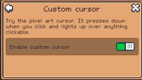 The image shows a pixel-art style "Custom cursor" settings menu with a description reading "Try the pixel art cursor. It presses down when you click and lights up over anything clickable," alongside an enabled "Enable custom cursor" toggle switch. This corresponds to the Sunflower Land game's new pixel art cursor feature accessible via Game Options > Advanced > Experiments > Custom Cursor, as mentioned in the post.