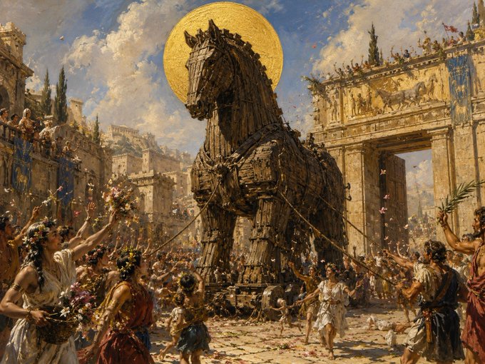 An AI-generated painting depicting a Trojan Horse scene with classical figures, floral garlands, and a golden sun/halo behind the wooden horse.
