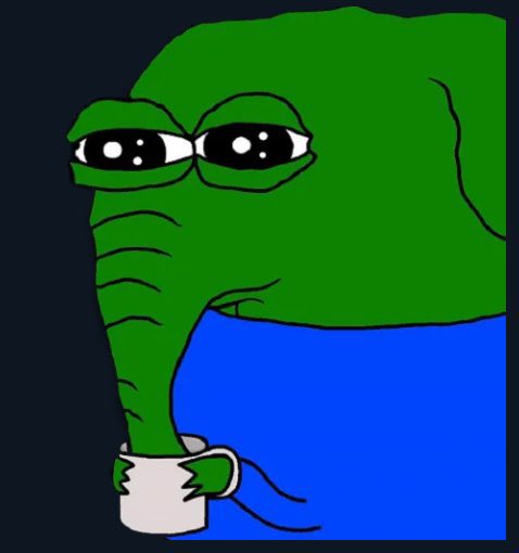 A cartoon illustration of a green, elephant-like character wearing glasses and a blue shirt, holding a white mug.