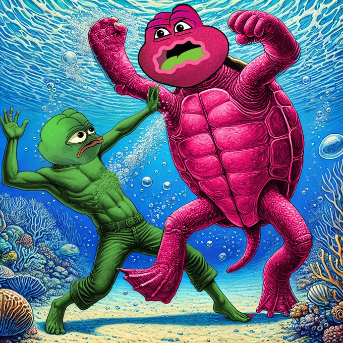 A surreal, colorful digital artwork depicting a green humanoid figure fighting a large pink turtle underwater surrounded by coral reefs.
