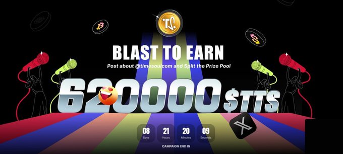 A promotional 'BLAST TO EARN' graphic for Timesoulcom advertises a 6,200,000 $TT$ prize pool with a countdown timer showing 8 days, 21 hours, 20 minutes, 9 seconds remaining.