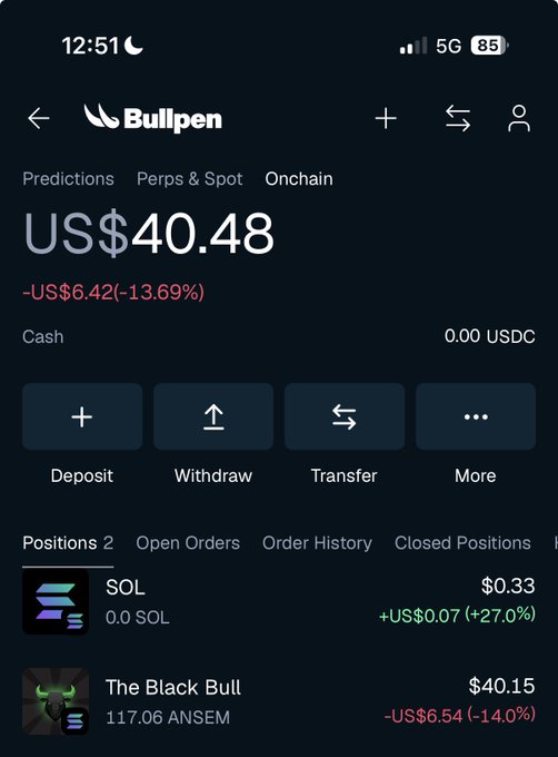 A mobile screenshot of the 'Bullpen' app showing a US$40.48 balance with positions in SOL ($0.33) and 'The Black Bull' ($40.15, -14.0%).