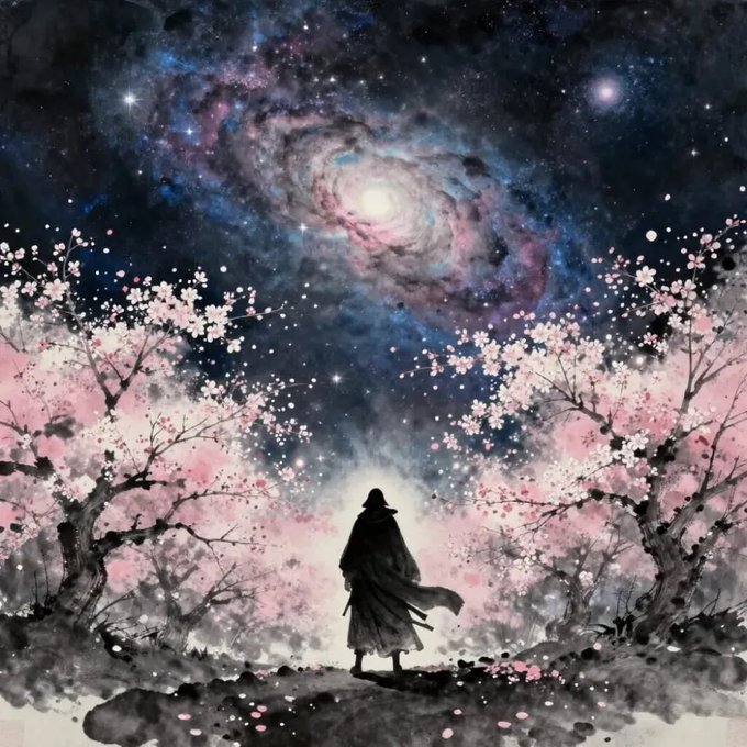A watercolor-style artwork depicting a cloaked figure standing before blooming cherry blossom trees, gazing up at a vibrant spiral galaxy in the starry night sky.