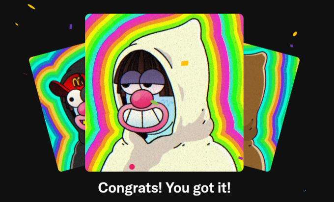 A colorful, psychedelic cartoon image featuring three playing cards, with the center card showing a goofy character with a large pink nose inside a hood, accompanied by the text 'Congrats! You got it!'.