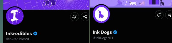 Twitter profile cards for "Inkredibles" (@InkrediblesNFT) and "Ink Dogs" (@InkDogsNFT) showcasing two early NFT projects on Ink, featuring purple-themed logos with an "I" and a dog silhouette respectively. The image directly supports the post by visually displaying both mentioned projects.