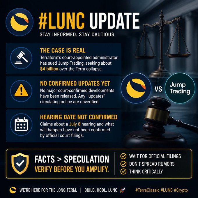 A dark navy info-graphic titled "#LUNC UPDATE — STAY INFORMED. STAY CAUTIOUS." warns that Terraform's $4 billion lawsuit against Jump Trading is real but unverified, with no confirmed hearing date (despite July 8 claims) and urging the Terra Classic community to wait for official filings rather than spread rumors, featuring legal imagery (scales of justice and gavel) alongside LUNC vs Jump Trading logos.