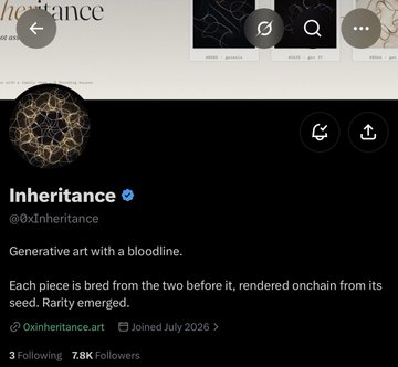 A Twitter/X profile page for 'Inheritance' (@0xInheritance), a verified generative art account with bio 'Generative art with a bloodline' and 7.8K followers.
