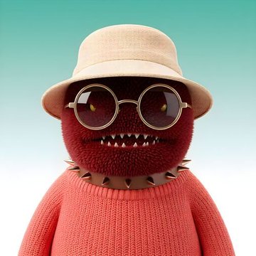 A fuzzy red monster wearing a straw fedora, round sunglasses, and a spiked collar in a pink sweater stands against a mint background, embodying the playful NFT-collecting spirit of the post's crypto enthusiast restocking their digital art collection after buying back into NPC on chain.