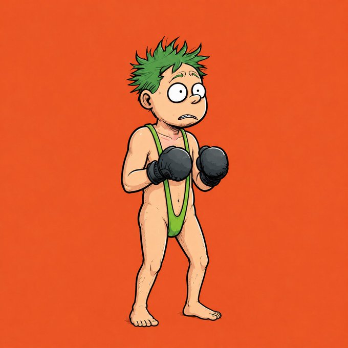 A cartoon character with spiky green hair, wide anxious eyes, and a worried expression stands barefoot in a green singlet and oversized boxing gloves against a vibrant orange background. The image visually captures the defensive, "ready to fight" energy that matches the confrontational tone of the accompanying "Fk u crisp" post.