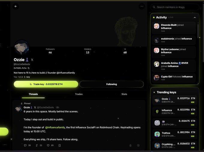 A social media or crypto trading profile for 'Ozzie' (@OzzieDeGods) with 46 followers and 13 holders, featuring a 'Trade key 0.0329716 ETH' button and a Threads feed promoting 'Influence SocialFi on Robinhood Chain' keytrading.
