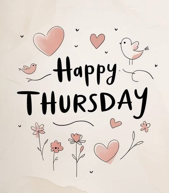 A cheerful illustration with the text 'Happy Thursday' surrounded by doodles of pink hearts, small birds, and flowers on a light, watercolor-style background.