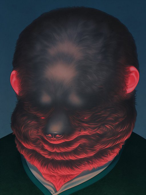 A surreal portrait of a humanoid figure with a dark, furry bear-like face illuminated by red light, set against a dark blue background.