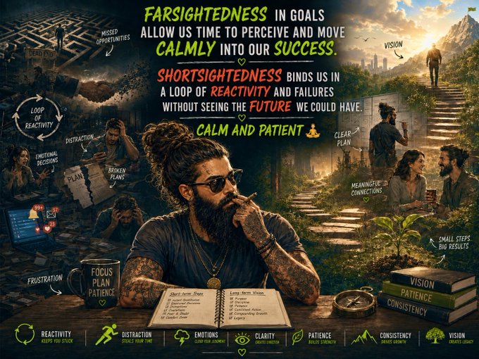 Motivational graphic about 'FARSIGHTEDNESS' vs 'SHORTSIGHTEDNESS' showing a thoughtful bearded man with surrounding text about calm, patience, and vision.