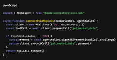 JavaScript code snippet showing a `myClient` function that connects an AgenticWallet, calls `fetchWithPayment`, and handles a 402 status by calling `agentWallet.sigX402Payment` before re-fetching.