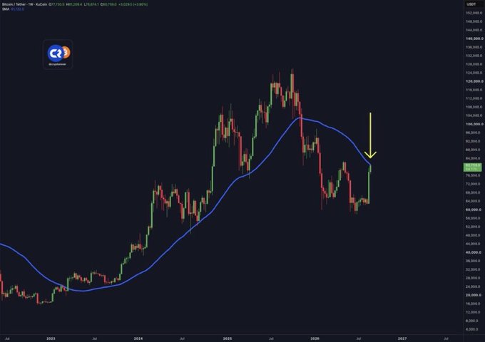 A weekly Bitcoin/Tether (US Dollar) candlestick chart on AuCan showing BTC reaching $83,216.6, with a yellow arrow highlighting the price touching the 50-week moving average (blue line) near the $80,000 level, illustrating the bullish signal referenced in the post.