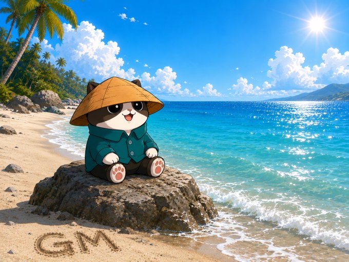 An adorable cartoon black-and-white cat wearing a straw hat and teal shirt sits on a rock at a tropical beach, with the letters "GM" drawn in the sand below. The image's relaxed seaside vibe and the "GM" (Good Morning) sand writing pair perfectly with the post's cheerful "Late GM Fam. Happy Sunday y'all" message.