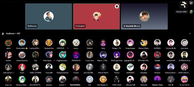 A screenshot of a virtual meeting or streaming platform showing an audience of 437 participants, with three featured speakers at the top labeled 'Rylline', 'EricAgent', and 'Nounshik' alongside numerous user avatars below.