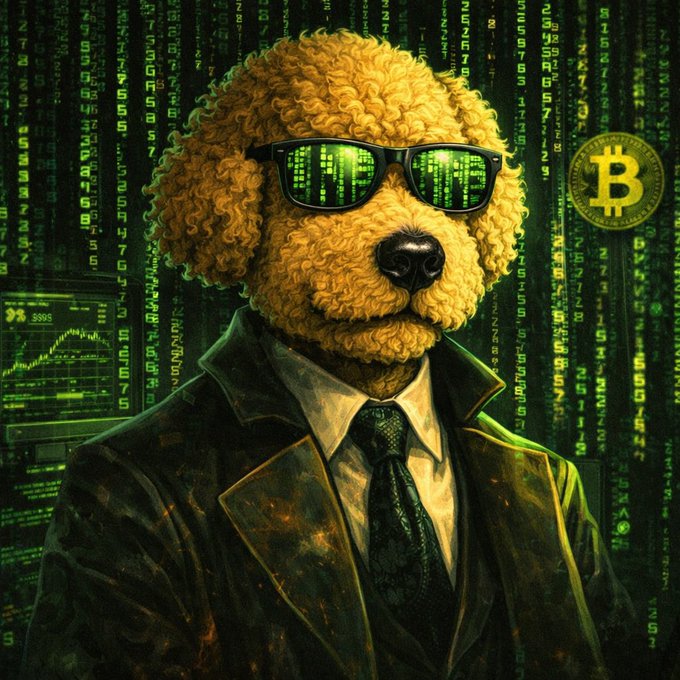 A digital painting of a poodle wearing sunglasses and a suit, with Bitcoin and Matrix-style code reflected in the lenses.