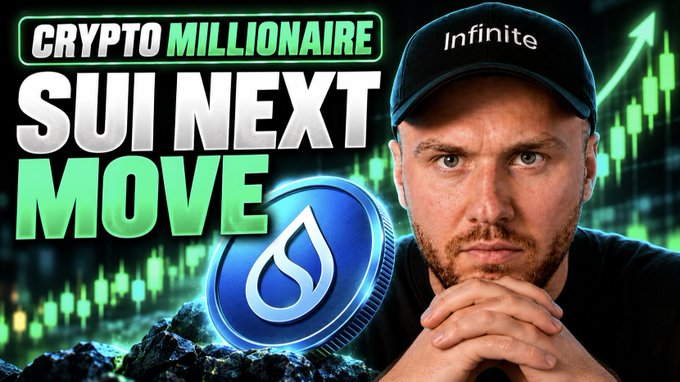 A YouTube thumbnail featuring a man in an 'Infinite' cap beside a Sui cryptocurrency token and text reading 'CRYPTO MILLIONAIRE SUI NEXT MOVE' with a rising green chart.