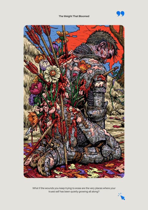An illustrated scene titled "The Weight That Bloomed" depicts a wounded knight in armor kneeling, with arrows pierced through his back and colorful flowers and blood blooming from the wounds, accompanied by a reflective quote about wounds and growth.