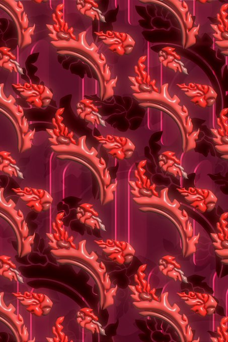 A repeating pattern design featuring stylized red and black dragon or fish-like heads set against a dark magenta background with glowing vertical lines.