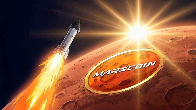 A rocket blasts off in front of Mars, emblazoned with the MarsCoin logo, symbolizing the coin's launch and potential for growth. This imagery directly relates to the post about MarsCoin on BSC being undervalued and its association with real utility and endorsements.