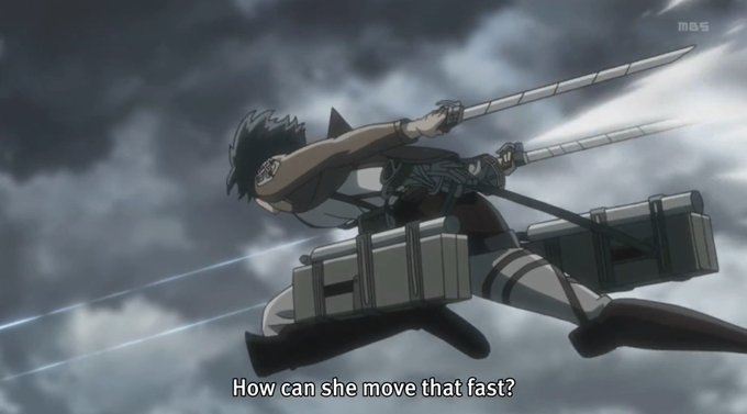 An anime scene (Attack on Titan) showing a character with dual blades using ODM gear against a cloudy sky, with the subtitle 'How can she move that fast?' and an 'MBS' watermark.
