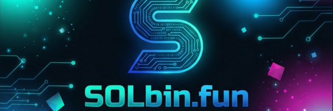 A digital banner with a glowing blue stylized 'S' on a circuit board pattern background and the text "SOLbin.fun".