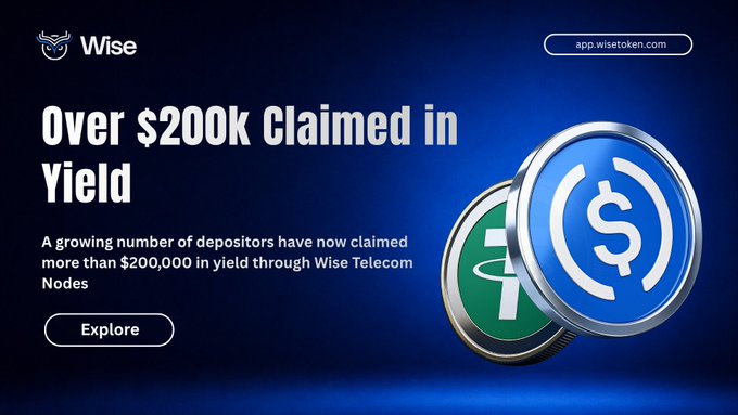 A promotional graphic for Wise (app.wisetoken.com) with a dark blue background featuring the Wise logo and large 3D coin graphics displaying a dollar sign and Wise "W" emblem. Bold white text announces "Over $200K Claimed in Yield," with a subtitle noting that depositors have claimed more than $200,000 in yield through Wise Telecom Nodes, alongside an "Explore" call-to-action button that visually reinforces the post's milestone announcement of reaching $200,000 in yield claims across its revenue-backed yield model.