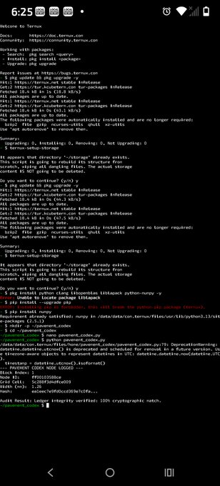 A smartphone screenshot showing a black terminal screen with white text executing a Python apt-update process on a Termux environment, reporting '100% cryptographic match' for integrity verification.