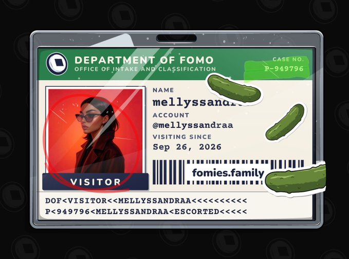 A digital ID card illustration for the 'Department of Fomo' displays a photo of a woman with glasses and the username 'mellyssandraa', decorated with cartoon pickle stickers.