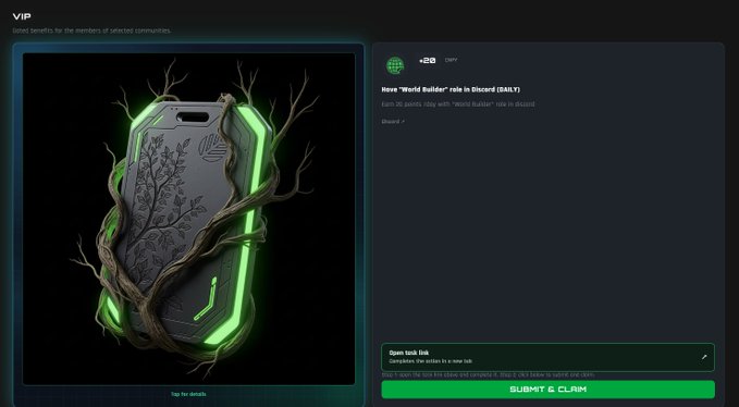The image shows a "VIP" rewards page for Canopy Network, featuring a decorative NFT-style badge called "Nova 'World builder' role in Discord (DAILY)" worth +28 points, with a link to the access list and a "SUBMIT & CLAIM" button. This relates to the post by highlighting Canopy Network's ecosystem incentives, showcasing the kind of daily reward members can earn by participating in the testnet and contributing to the project.