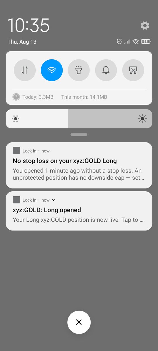 A smartphone notification panel at 10:35 on Thu, Aug 13, showing two Lock In alerts: one warning "No stop loss on your xyz:GOLD Long" opened 1 minute ago, and another confirming "xyz:GOLD: Long opened," demonstrating the app's real-time position detection for a $GOLD trade.