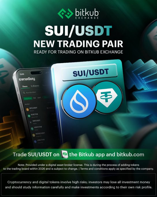 Bitkub Exchange promotional advertisement announcing the new SUI/USDT trading pair, ready for trading on the Bitkub app and bitkub.com, with disclaimers about digital asset broker licensing and cryptocurrency risks.