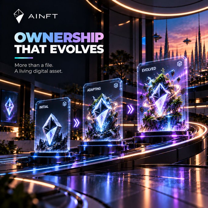 A futuristic digital advertisement for AINFT displays 'OWNERSHIP THAT EVOLVES - More than a file. A living digital asset', showing three glowing panels evolving from 'INITIAL' to 'ADAPTING' to 'EVOLVED'.