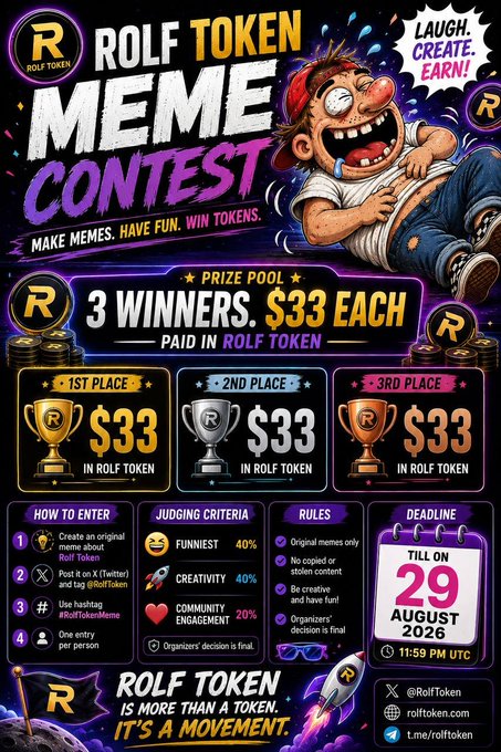 A promotional poster advertises the 'Rolf Token Meme Contest' with a $33 prize for each of three winners, featuring a cartoon character laughing, with a deadline of August 29, 2026, and tagged @RolfToken.