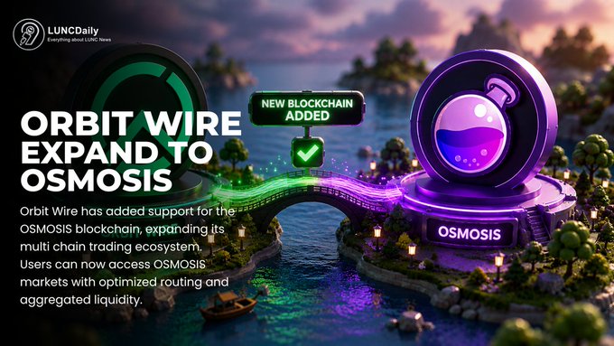 A LUNCDaily news graphic titled 'ORBIT WIRE EXPAND TO OSMOSIS' with the text 'NEW BLOCKCHAIN ADDED' and a checkmark, explaining that Orbit Wire has added support for the OSMOSIS blockchain for multi-chain trading.