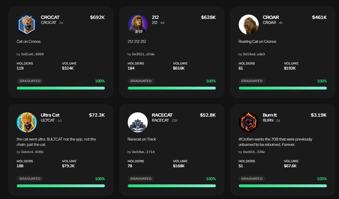 A cryptocurrency dashboard displaying six 'graduated' tokens including CROCAT ($692K), Z12 ($628K), CROAR ($461K), Ultra Cat ($72.3K), RACECAT ($52.8K), and Burn It ($3.19K), each showing holder and volume statistics at 100% completion.
