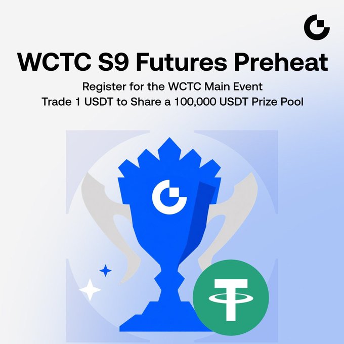 A promotional graphic for 'WCTC S9 Futures Preheat' featuring a blue trophy with a 'C' logo and a Tether (USDT) coin, advertising registration for a trading event with a 100,000 USDT prize pool.