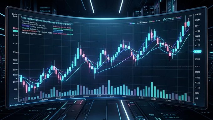 A curved digital display showing a colorful candlestick financial trading chart with teal and pink candles, overlaid moving average lines, and volume bars against a futuristic dark interface.