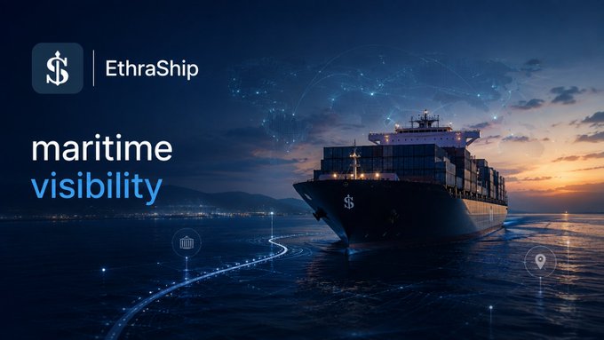 A cargo ship sails at sunset with a digital network overlay and the "EthraShip" logo and "maritime visibility" text, visually representing the protocol's mission to bring transparency to the invisible shipping industry that moves global packages.