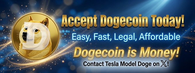 A promotional graphic reading 'Accept Dogecoin Today! Easy, Fast, Legal, Affordable. Dogecoin is Money!' featuring a Doge mascot coin, with text directing contact to 'Tesla Model Doge on X!'.