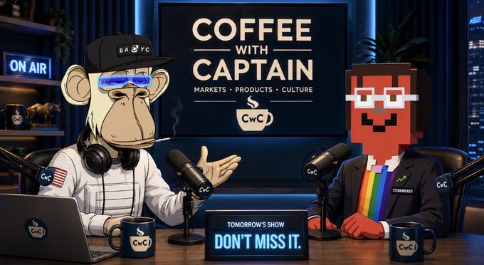 The image shows a podcast/stream promotion for "Coffee with Captain" (CwC) featuring a cartoon monkey in an astronaut suit with a "B A Y C" cap alongside a pixelated red character, with text "MARKETS · PRODUCTS · CULTURE" and a banner reading "TOMORROW'S SHOW - DON'T MISS IT," teasing guests discussing STORMM and Robinhood Chain.