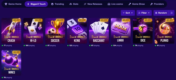 A casino gaming interface showing the "Biggerz Touch" section with eight game tiles—Crash, Hi-Lo, Soccer, Keno, Baccarat, Limbo, Dice, and Plinko—plus a ninth "Mines" tile below, each marked with a yellow "99% RTP" badge and a green player count underneath.