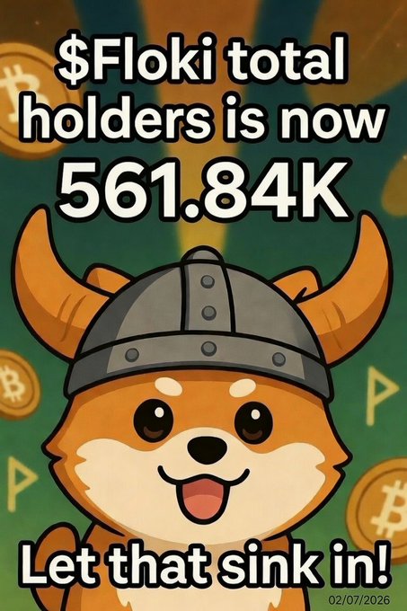 A promotional meme featuring a cartoon dog in a Viking helmet, with text reading '$Floki total holders is now 561.84K - Let that sink in!' dated 02/07/2026.